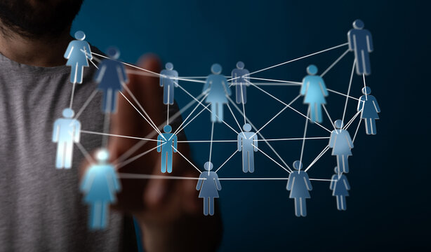 Abstract visualization of a connected network representing communication, business, or community with a person interacting with digital interfac - Powered by Adobe