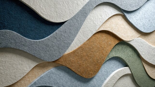 Abstract soundscape layering acoustic felt panels creating a soothing, wavy texture pattern in calming beige, blue, brown, grey, and green earth tones for interior design