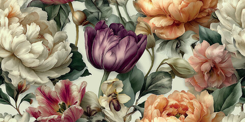 Majestic dark purple tulip and peach peony seamless pattern in a luxurious chiaroscuro style for dramatic fabrics and home decor © Eli Berr