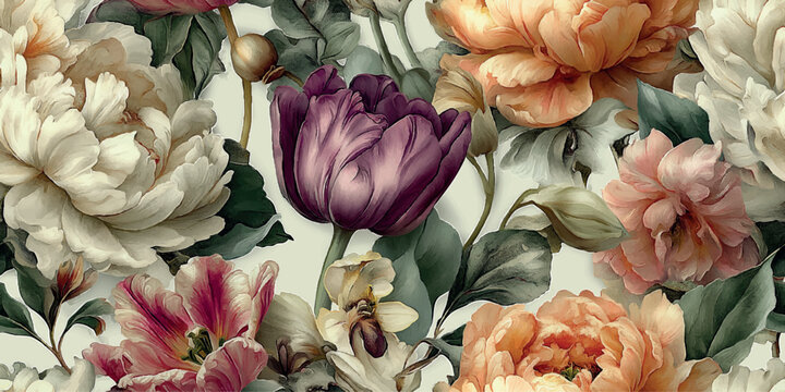 Majestic dark purple tulip and peach peony seamless pattern in a luxurious chiaroscuro style for dramatic fabrics and home decor