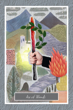 Ace of wands Tarot symbolic collage.
