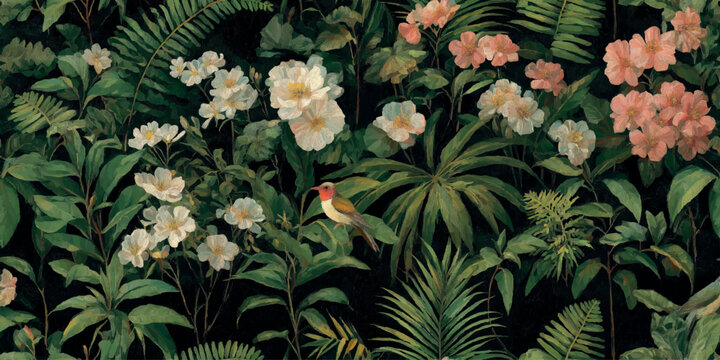 Dramatic tropical dark jungle seamless pattern with lush green foliage, pink flowers, and a small bird for fabrics, wallpapers, and home decor