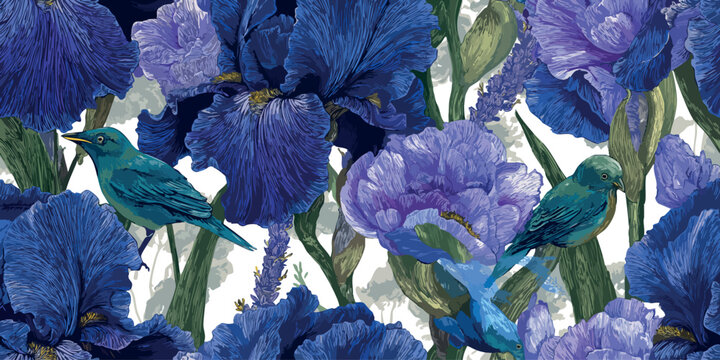 Vibrant blue and purple iris and bird seamless pattern with dragonflies for bold fashion, textiles, and contemporary home decor