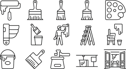 Flat painting tools and supplies icons set, brush, roller, palette, bucket, ladder, painter, house maintenance concept, flat vector illustration