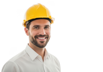 Smiling construction worker in hard hat isolated on transparent background