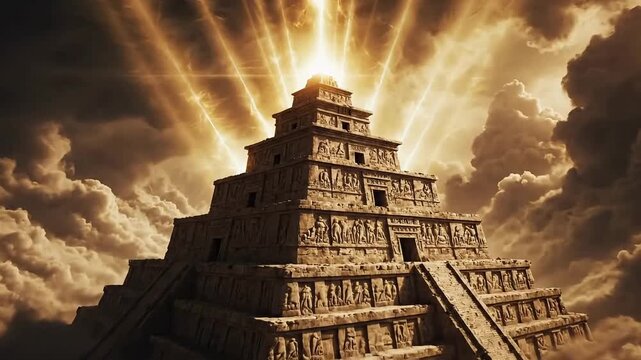 Ancient Mesopotamian ziggurat temple under divine light, majestic Sumerian pyramid in clouds, mystical Babylonian architecture with golden rays