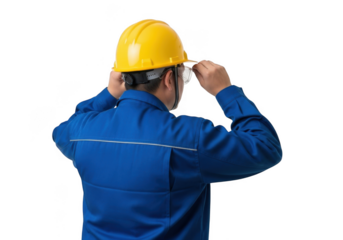 Worker adjusting safety glasses isolated on transparent background