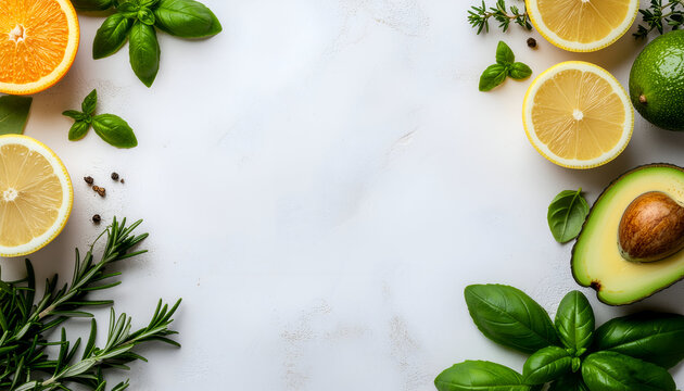 Fresh food flat lay with citrus, avocado and herbs on white background