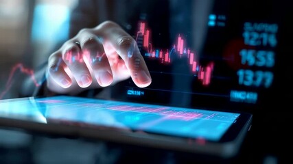 Hand interacting with digital trading interface on a tablet, displaying real time market charts, financial data analysis, and active investment monitoring