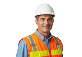 Smiling construction worker wearing safety gear isolated on transparent background
