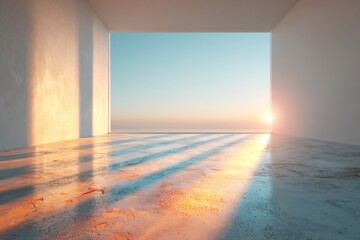 Minimalist interior with sunset view