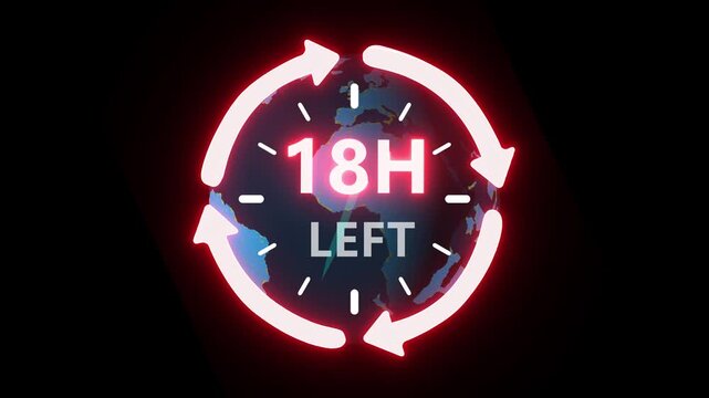 24 hours clock with circle arrow and the numbers 18 Hour left. video animation on alpha channel on background. ast speed with moving timer clock 4k video animation.