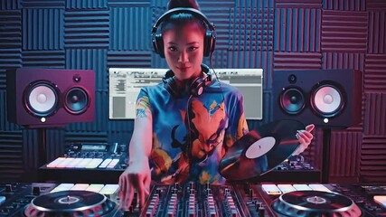 Young female dj mixing music on professional equipment in a soundproof studio with vibrant neon lighting creating an energetic atmosphere