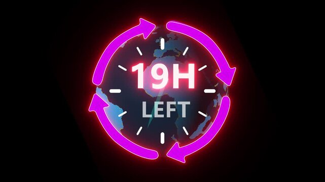 24 hours clock with circle arrow and the numbers 19 Hour left. video animation on alpha channel on background. ast speed with moving timer clock 4k video animation.