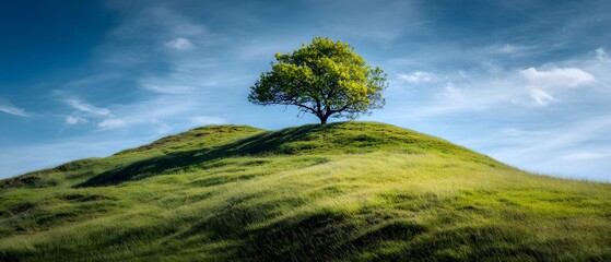 Lone Tree on a Rolling Green Hill Under Blue Sky