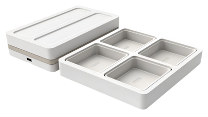 Lunch Box with Compartments: A modern, minimalist lunch box, segmented into organized compartments, perfectly designed for a balanced and stylish meal on the go.