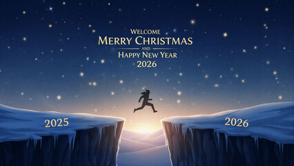 Welcome this joyful season of Merry Christmas and a Happy New Year 2026. A man leaps across the gap from the 2025 cliff to the 2026 cliff, set against a glowing sunset and twilight sky