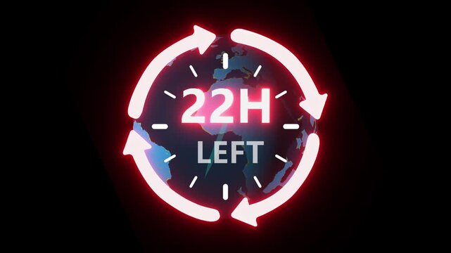 24 hours clock with circle arrow and the numbers 22 Hour left. video animation on alpha channel on background. ast speed with moving timer clock 4k video animation.