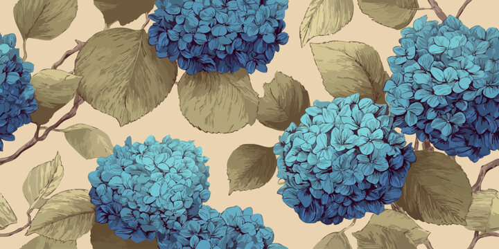 Charming hand-drawn hydrangea bloom seamless pattern in subtle blue and cream tones for fabrics, wallpapers, and graceful branding..