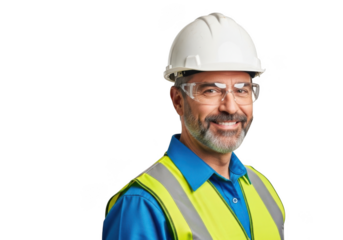 Smiling construction worker wearing safety gear isolated on transparent background