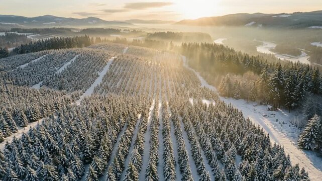 Aerial View of Snowy Forest Landscape at Sunrise