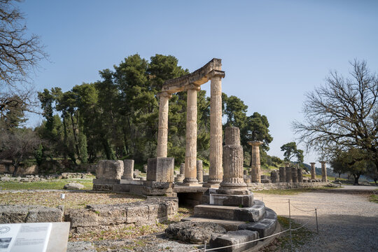 Ruins of Ancient Olympia in Greece, Philippeion, monument in the city of Olympia, Greece.