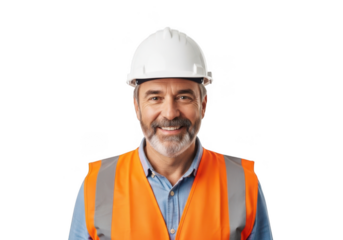 Smiling construction worker in safety gear isolated on transparent background