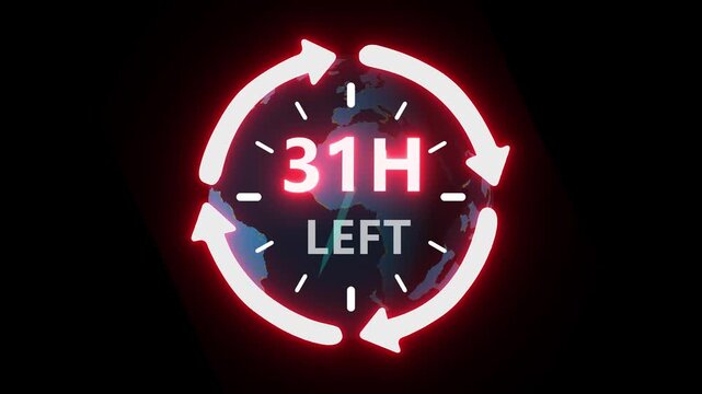 24 hours clock with circle arrow and the numbers 31 Hour left. video animation on alpha channel on background. ast speed with moving timer clock 4k video animation.