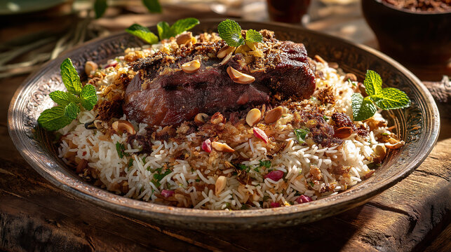 Slow-roasted lamb mandi served with fragrant basmati rice, nuts, and spices, rustic Arabic platter