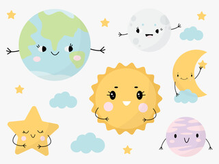 A set of celestial elements in a cute children's style for educational posters or a child's room. Sun, Earth, moon, star, cloud