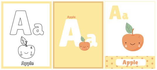 Set of educational cards with the letter A and a cute apple for primary school children