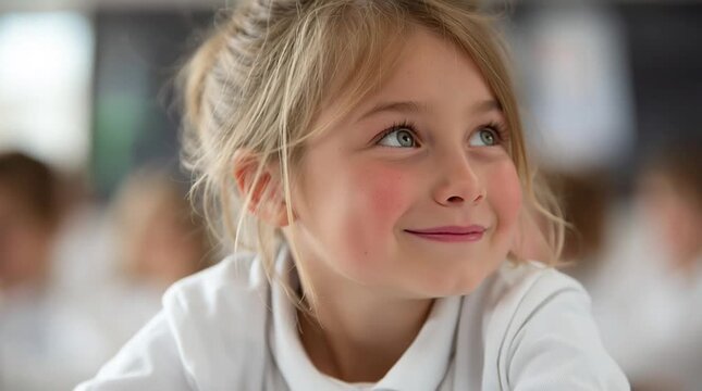 School classroom scene with 7 year old first grade student during wide shot lesson