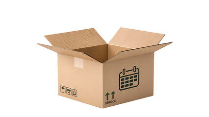 Open Cardboard Shipping Box with Fragile Icons and Calendar Graphic for Subscription Delivery