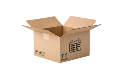 Open Cardboard Shipping Box with Fragile Icons and Calendar Graphic for Subscription Delivery