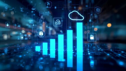 Rising blue analytics bars beneath a cloud symbol in a glowing digital environment showing data growth, online services, and business performance - Powered by Adobe