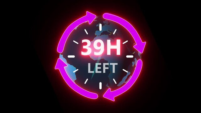24 hours clock with circle arrow and the numbers 39Hour left. video animation on alpha channel on background. ast speed with moving timer clock 4k video animation.