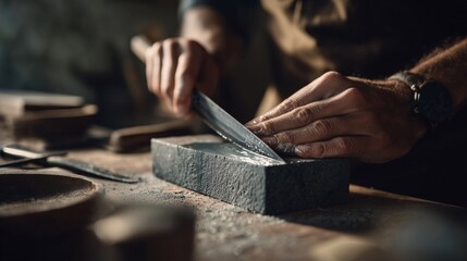 Knife sharpening on whetstone (precision close-up)