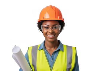 Smiling engineer holding blueprints isolated on transparent background
