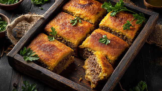 Traditional baked kibbeh tray with spiced meat and bulgur layers, sliced portions