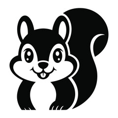 Cute black and white squirrel cartoon with big eyes and a bushy tail, facing forward with a friendly smile, isolated on a clean white background