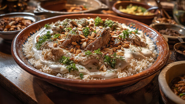 Traditional Middle Eastern mansaf with tender lamb cooked in yogurt sauce served over rice, garnished with almonds and parsley, large communal platter