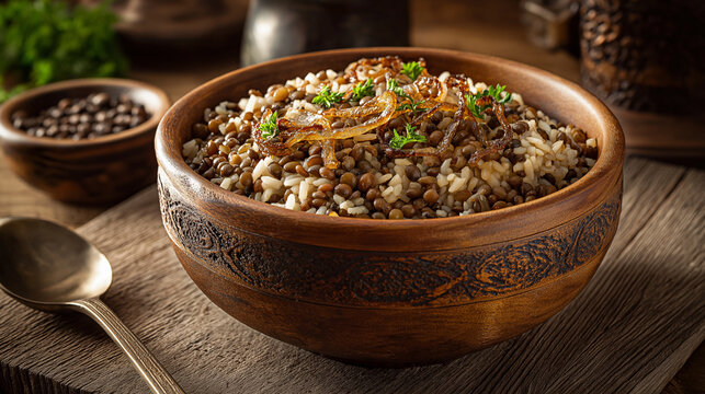 Traditional Middle Eastern mujadara with lentils, rice, and caramelized onions, rustic bowl