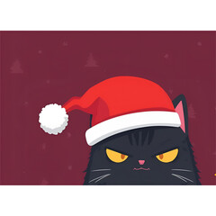 Soft Pastel Annoyed Black Cat in Cozy Santa Hat &ndash; Cute Christmas Cartoon Illustration