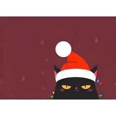 Soft Pastel Annoyed Black Cat in Cozy Santa Hat &ndash; Cute Christmas Cartoon Illustration