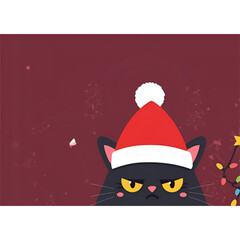 Minimalist Chubby Black Cat in Red Santa Hat &ndash; Cute Christmas Cartoon Illustration