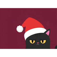 Soft Pastel Annoyed Black Cat in Cozy Santa Hat &ndash; Cute Christmas Cartoon Illustration