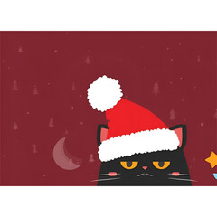 Soft Pastel Annoyed Black Cat in Cozy Santa Hat &ndash; Cute Christmas Cartoon Illustration