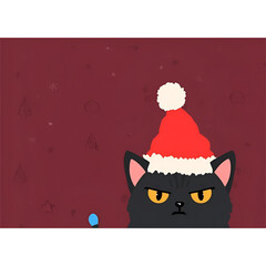 Minimalist Chubby Black Cat in Red Santa Hat &ndash; Cute Christmas Cartoon Illustration