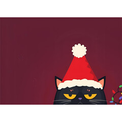Soft Pastel Annoyed Black Cat in Cozy Santa Hat &ndash; Cute Christmas Cartoon Illustration