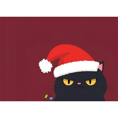Soft Pastel Annoyed Black Cat in Cozy Santa Hat &ndash; Cute Christmas Cartoon Illustration